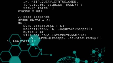 Digital-animation-of-data-processing-against-chemical-structures-and-human-brain-on-black-background