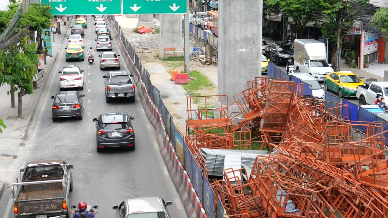 Train construction site and city traffic