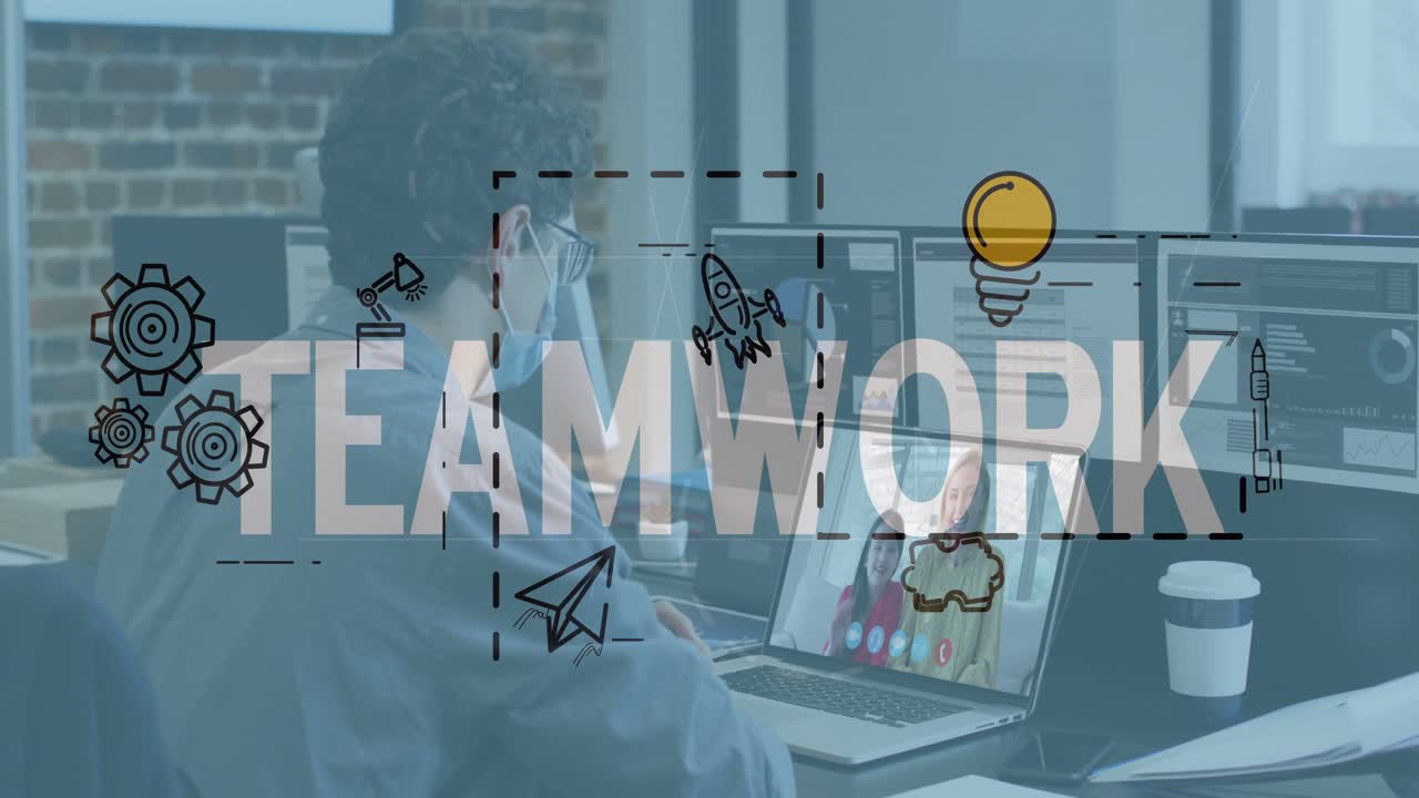 Vertical video: Forming TEAMWORK overlay urging masked man viewing laptop call, coding at office
