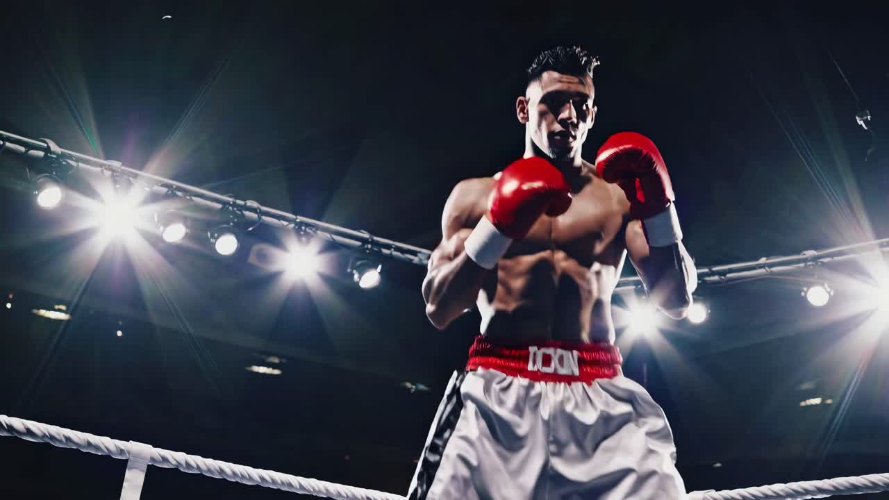Low-angle shot of a boxer in the ring, highlighting determination and strength