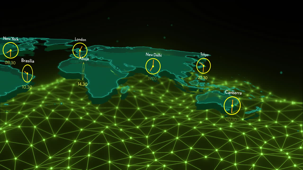 mapa del mundo con relojes que muestran diferentes zonas horarias sobre animación de red verde