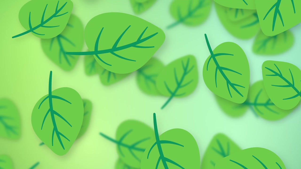 Stylized green leaves tumble through the air against a soft lime and mint gradient background.