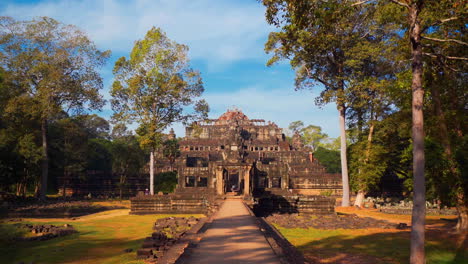 aerial flyover of historic baphuon temple in siem reap, cambodia