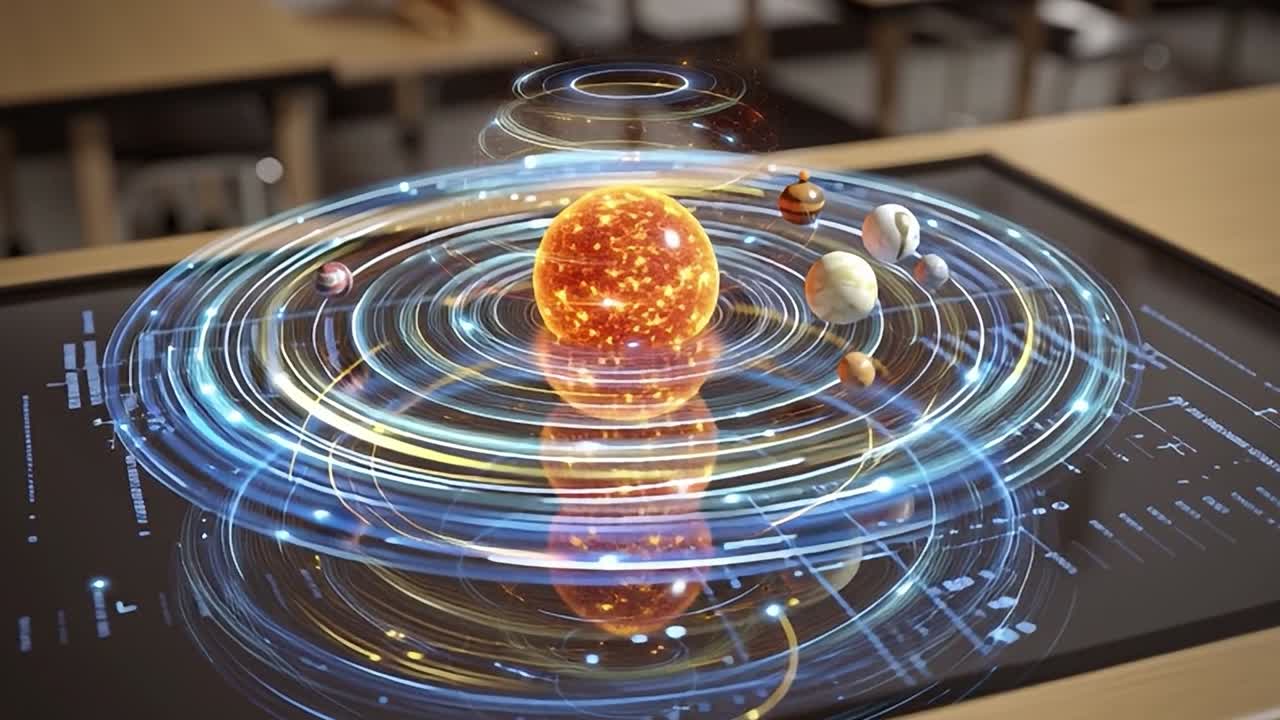 Interactive solar system model displayed on a table in a classroom setting