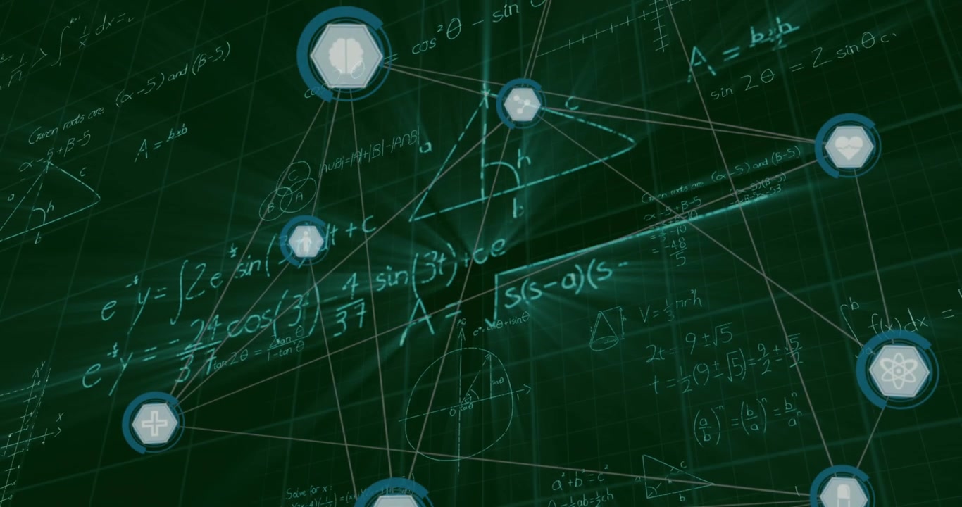 Digital Network Connection with Mathematical Formulas on Green Background