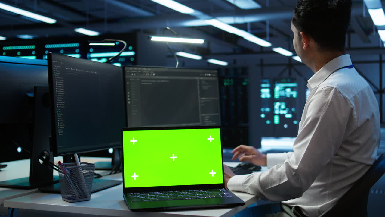 Expert in server room coding on chroma key notebook