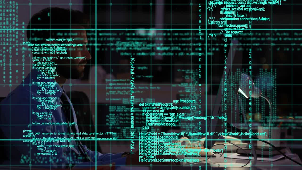 Animation of data processing over caucasian businessman using laptop