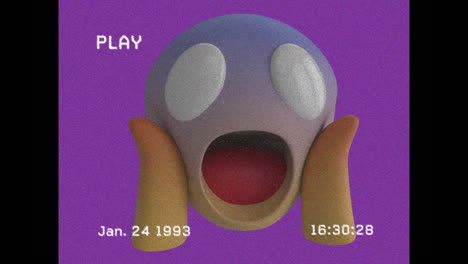 animación de emoji asustado sobre pantalla de reproducción en fondo púrpura y blanco