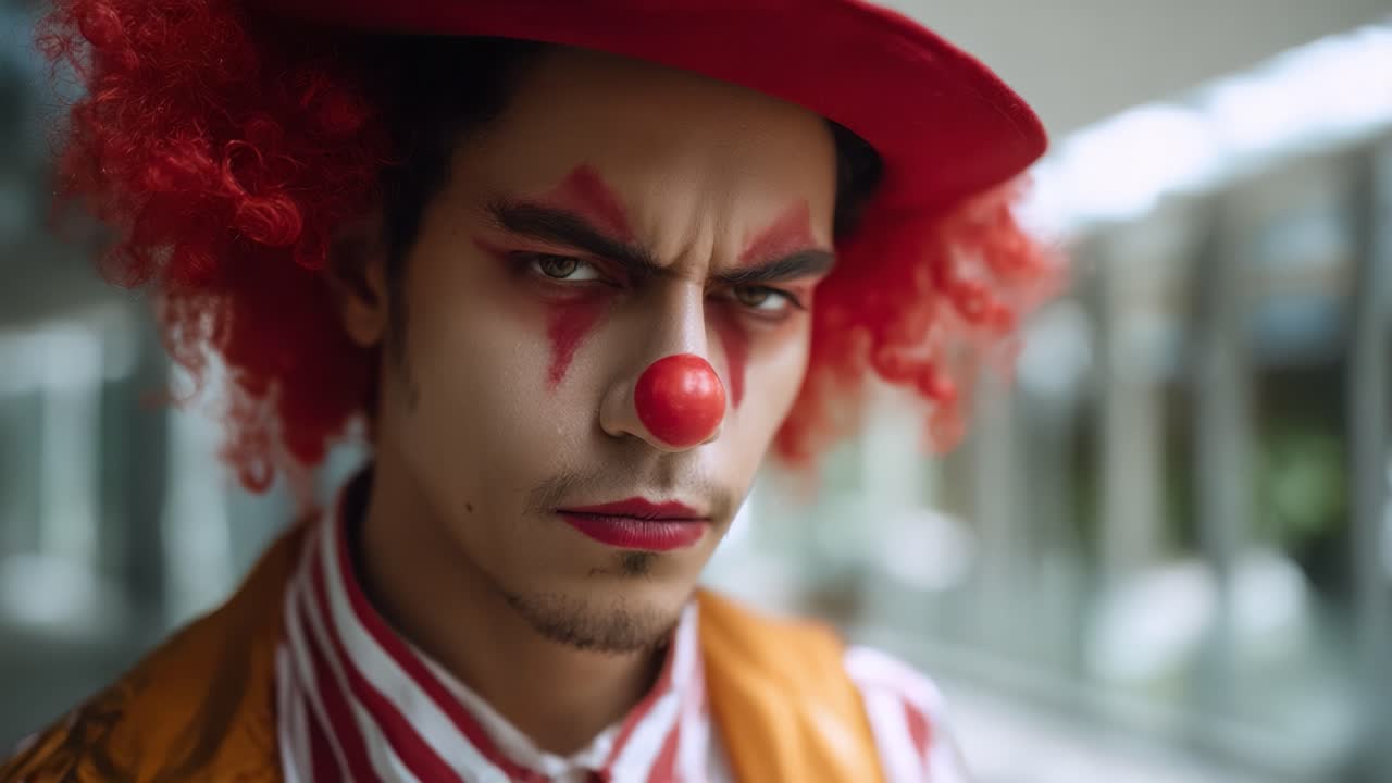 Intenst nærbillede af en alvorlig klovn med rødt hår og makeup, der udviser et dristigt udtryk, som fanger den dramatiske essens af klovneperformancekunst