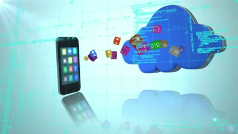 animación de la nube azul con iconos digitales, teléfono inteligente y procesamiento de datos