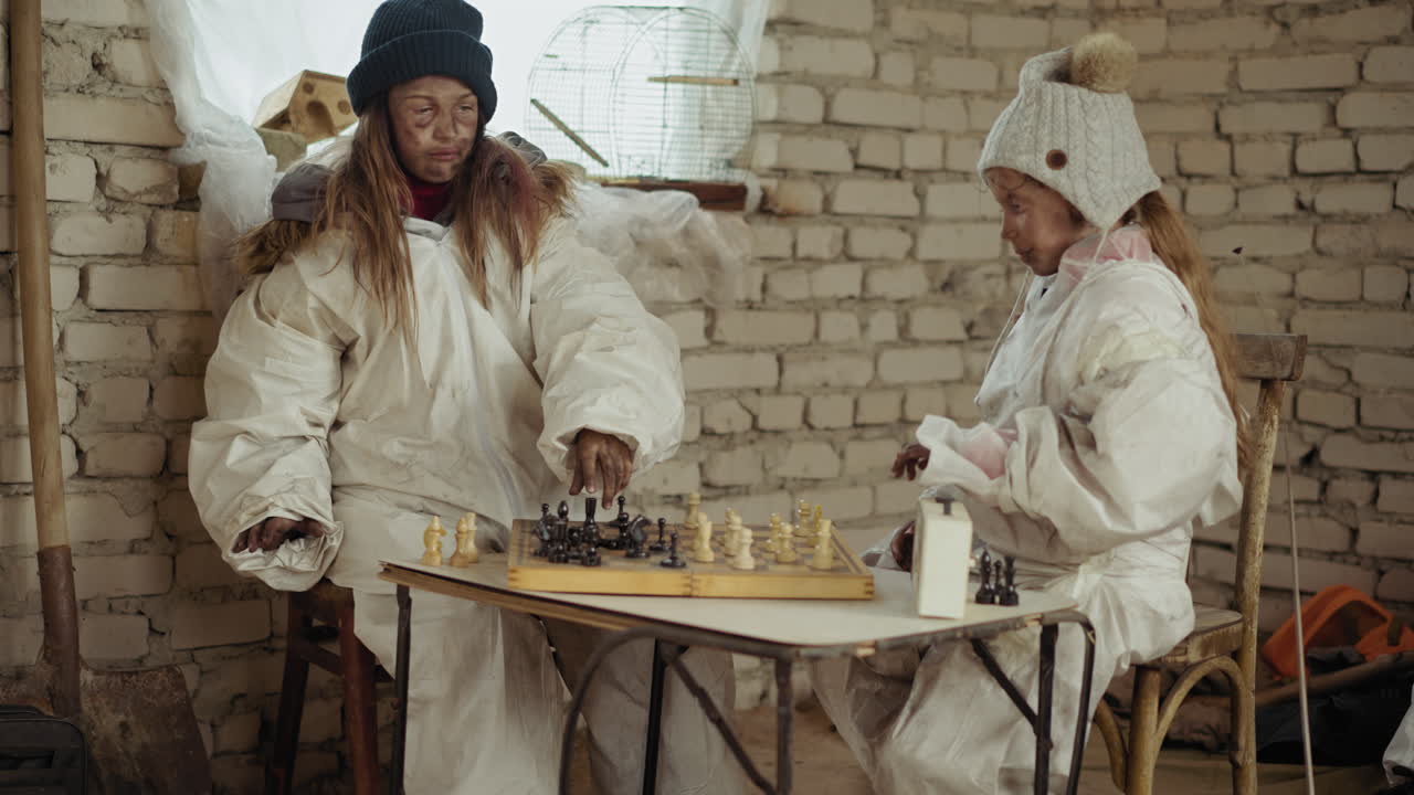 Two young girls dressed in thick white winter coats play chess indoors against white brick wall, faces smudged, smiling and focused, embracing fun and strategy despite evident rough living