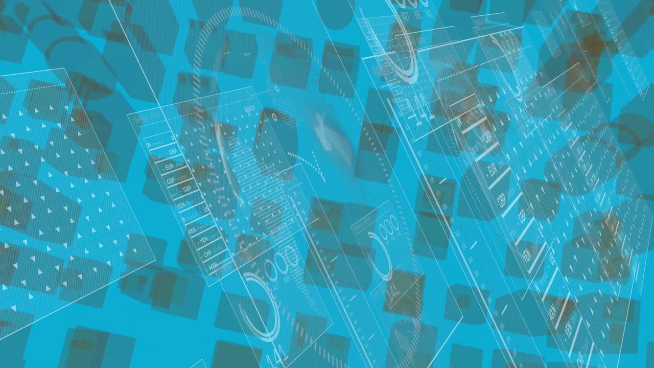 파란색 배경에 대한 3d 추상적인 모양에 대한 데이터 처리 인터페이스의 애니메이션