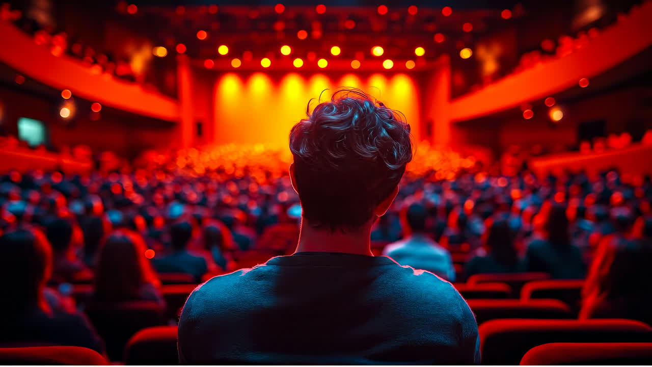 Man in theater watching performance. Back view of a man sitting in a crowded theater hall watching a brightly lit stage. The audience is bathed in red light