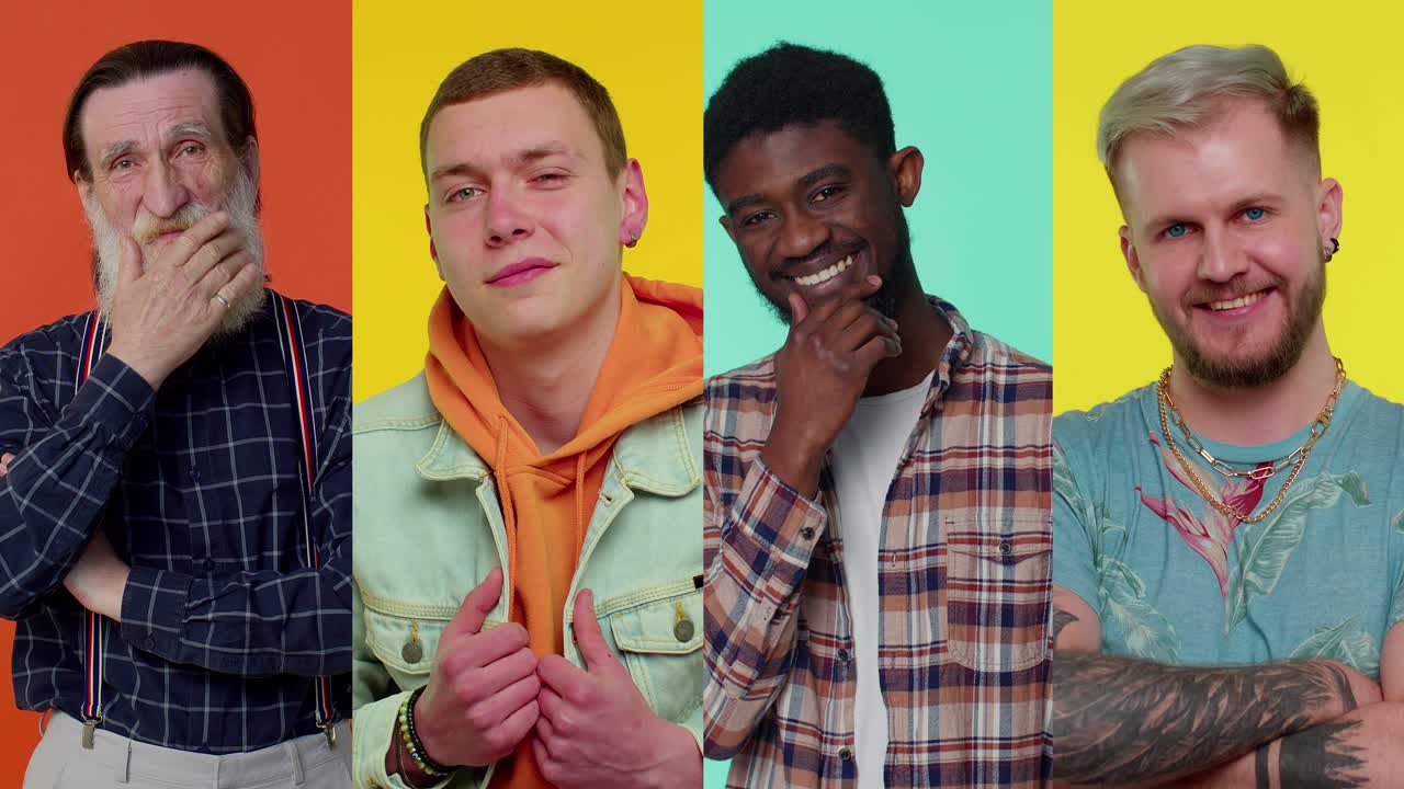 미소 짓고 카메라를 바라보는 즐거운 젊은 성인과 노인 남성의 멀티 스크린 수직 초상화