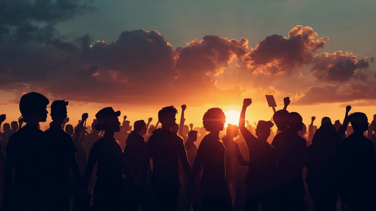 Una folla di persone che alza i pugni al tramonto, tenendo in mano telefoni e cartelli di protesta