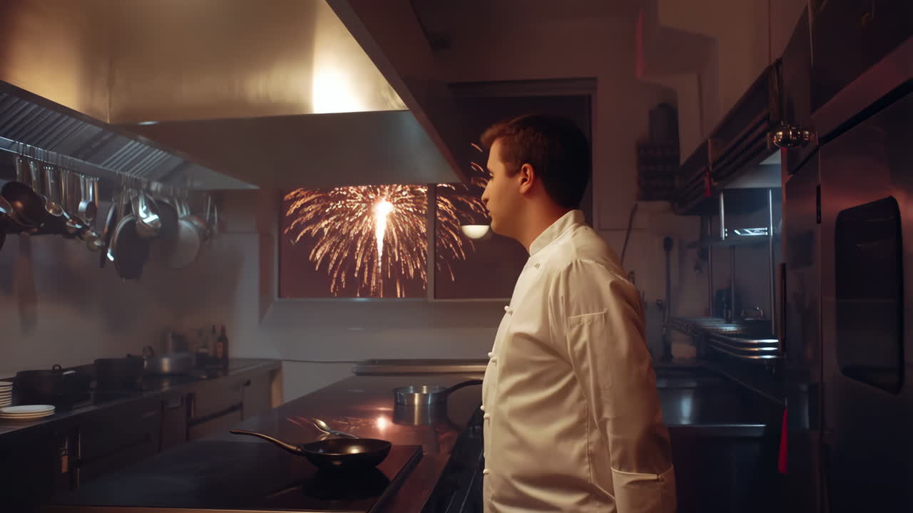 Chef in a professional kitchen watching fireworks