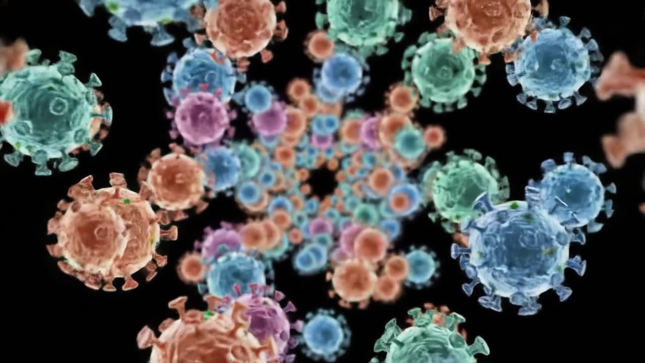Detailed Visualization of Colorful Virus Particles Undergoing Microscopic Motion in a Dark Environment, Showcasing Their Complex Structure and Intricate Design.