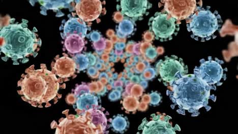 detailed visualization of colorful virus particles undergoing microscopic motion in a dark environment, showcasing their complex structure and intricate design.