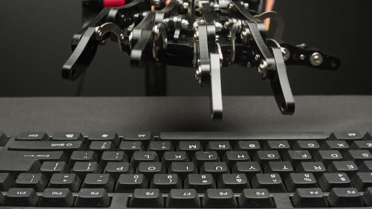 Robothånd, der skriver på et tastatur