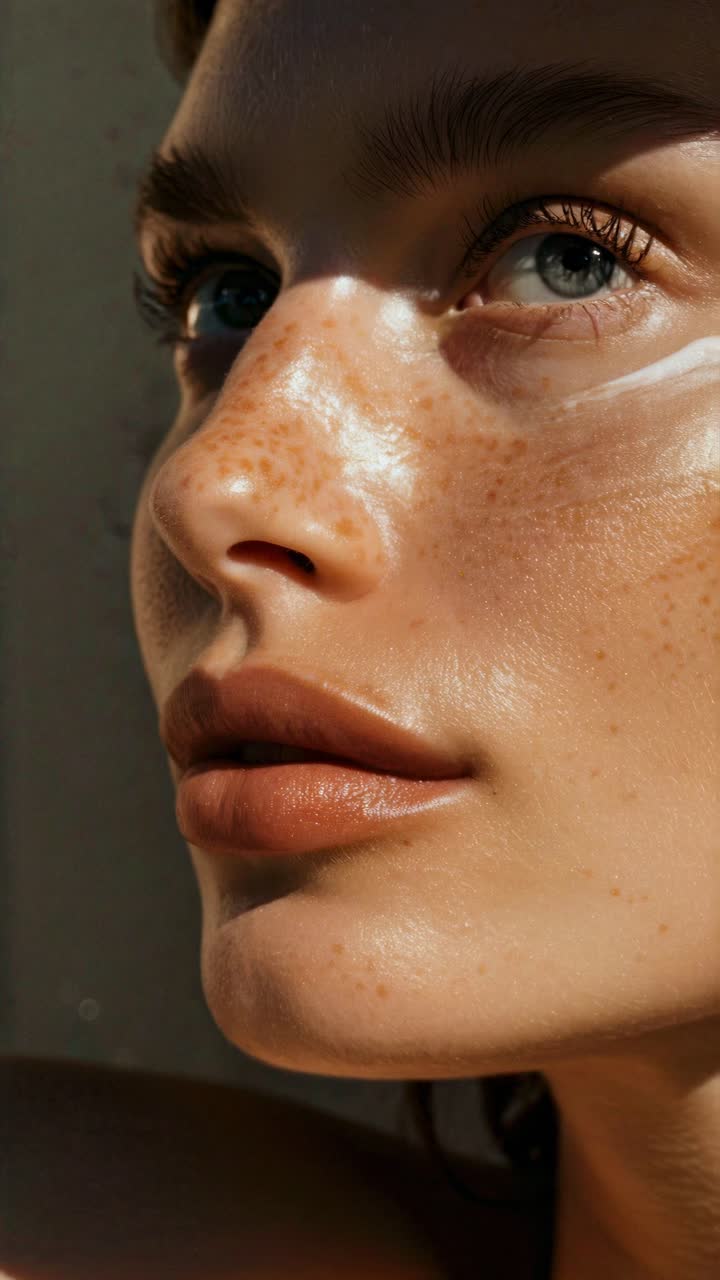 Close-up portrait of a woman's face with natural freckles and dewy skin, captured at a low angle