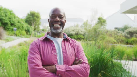 video of happy senior american african men in the garden