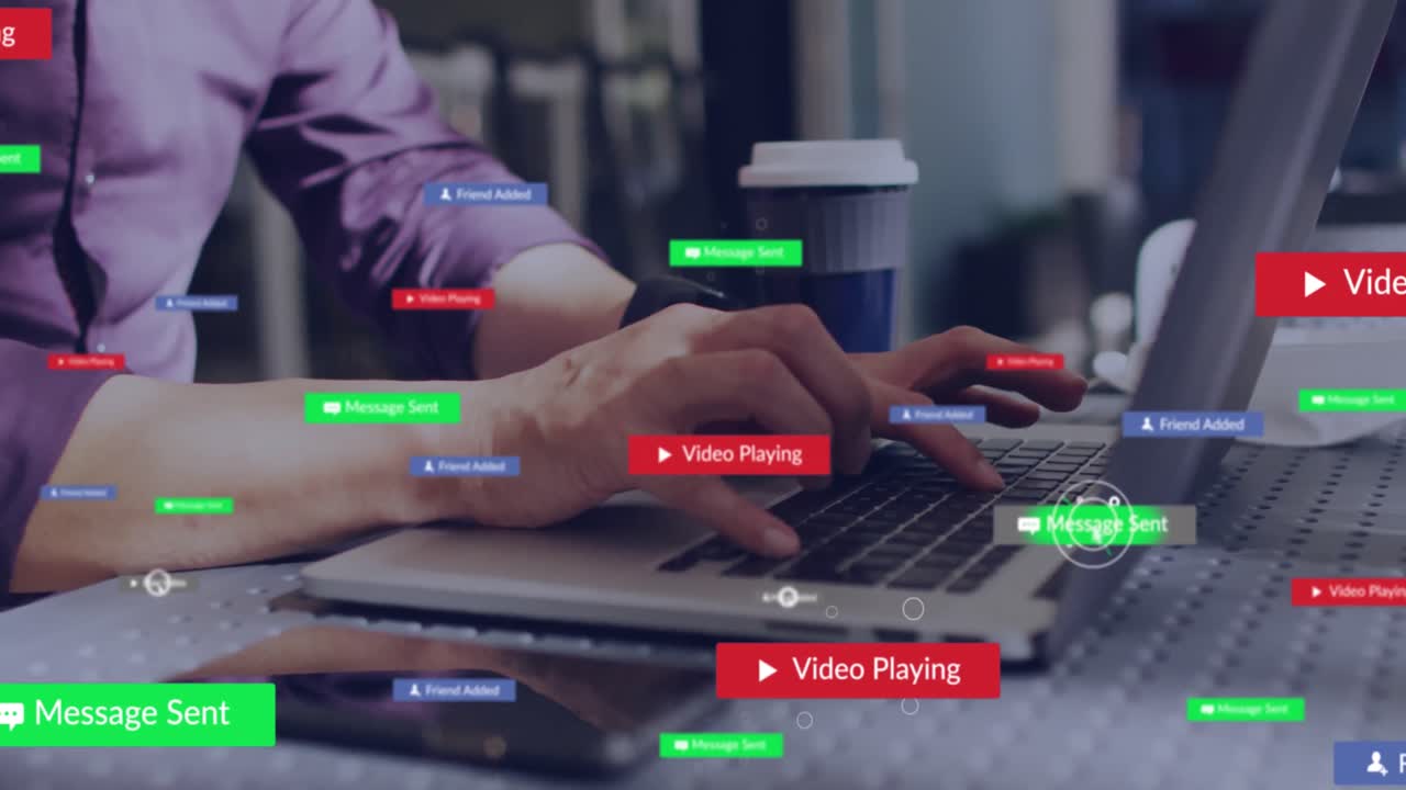 Animation of social media icons with texts over caucasian man using laptop