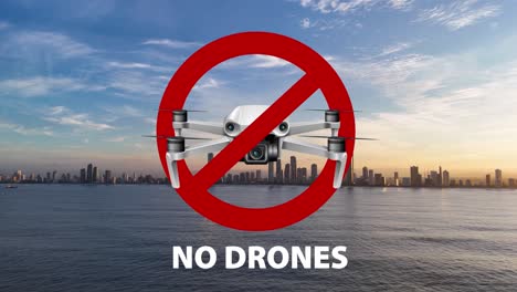 aerial view of a drone flying over gold coast skyline during sunset, highlighting a no-drone zone