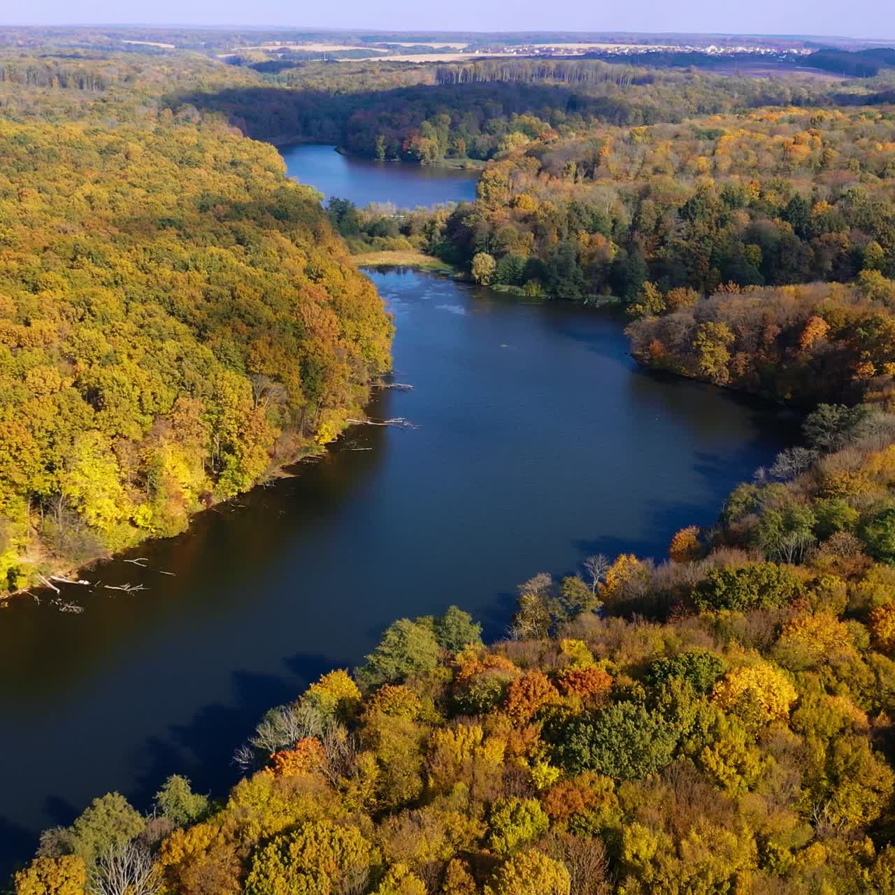 Beautiful picturesque scene of autumn forest. Drone descending view over the fantastic colorful tops of trees. Dark river winding between the woods