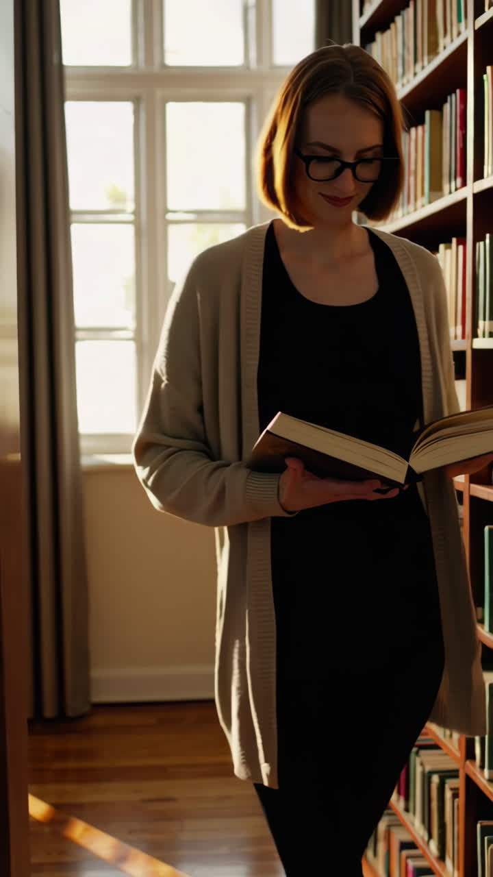 mujer leyendo en una biblioteca