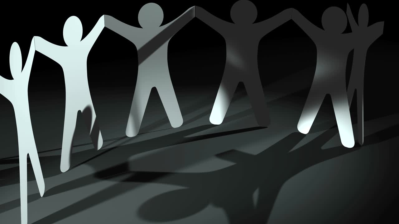 팀워크 개념: 인간 종이 인형 사람들이 회전하는 원을 잘라 그림자가 회색 바닥에 반사, 루프 배경