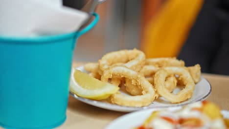 Close-up-on-fried-squid,-typical-Spanish-dish-part-of-the-tapas-kind-of-food