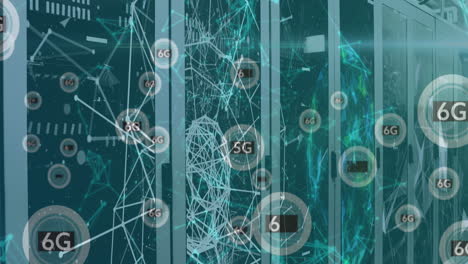 animation of shapes and 6g texts over server room