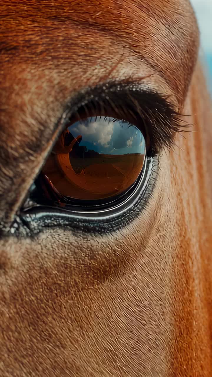 Vertical video: Filming horse's right eye with sun shifting, eyelid blinking on farm with camera