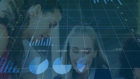 collaborating on financial data analysis, women using graphs and charts animation