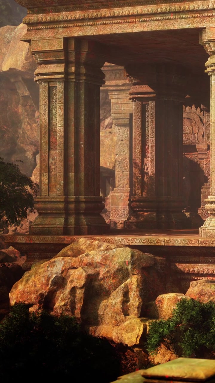 Rovine di un antico tempio con pilastri in pietra in un paesaggio naturale al tramonto