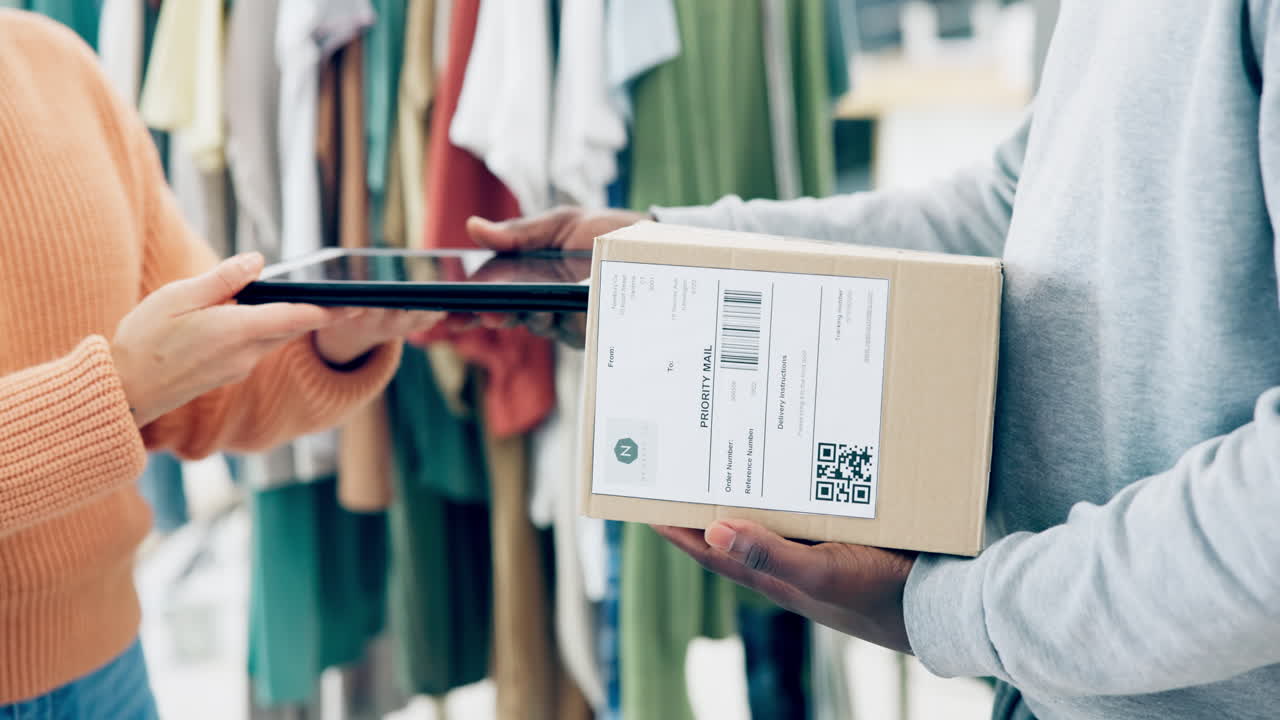 Hands, box and delivery, tablet