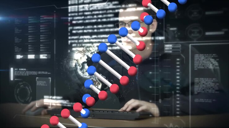 DNA strand with binary coding, processing scientific data in animation style