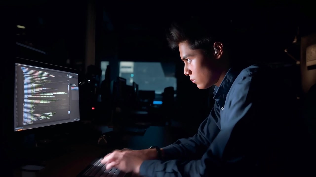 Typing Asian dev leaning as camera zooming, studying code at office monitor, dark shirt, copy space