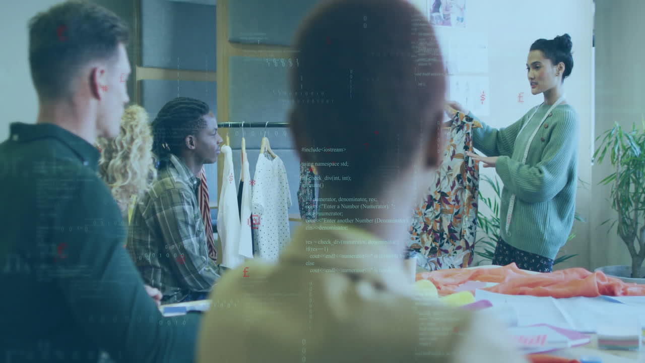 Animation of data processing and shapes over diverse business people discussing work