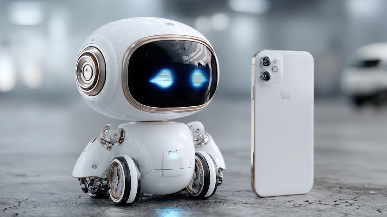 光る目を持つ魅力的なロボットコンパニオンが、未来的な設定で洗練されたスマートフォンと組み、テクノロジーとデザインの融合を表現する