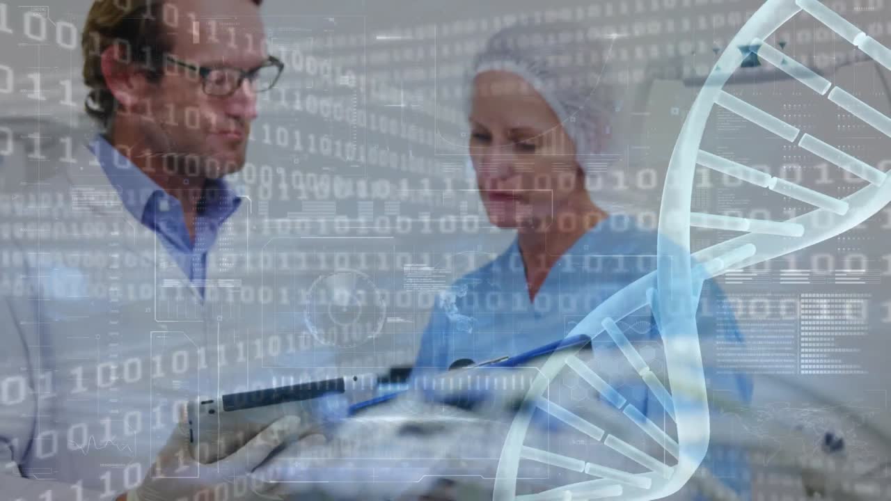 animación de cadena de adn y codificación binaria sobre un médico caucásico femenino y masculino usando una tableta