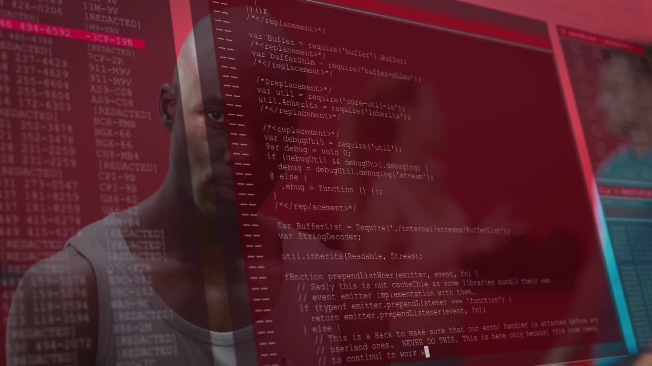 Gym athlete seeing translucent display appearing and reading scrolling red code logs for debugging