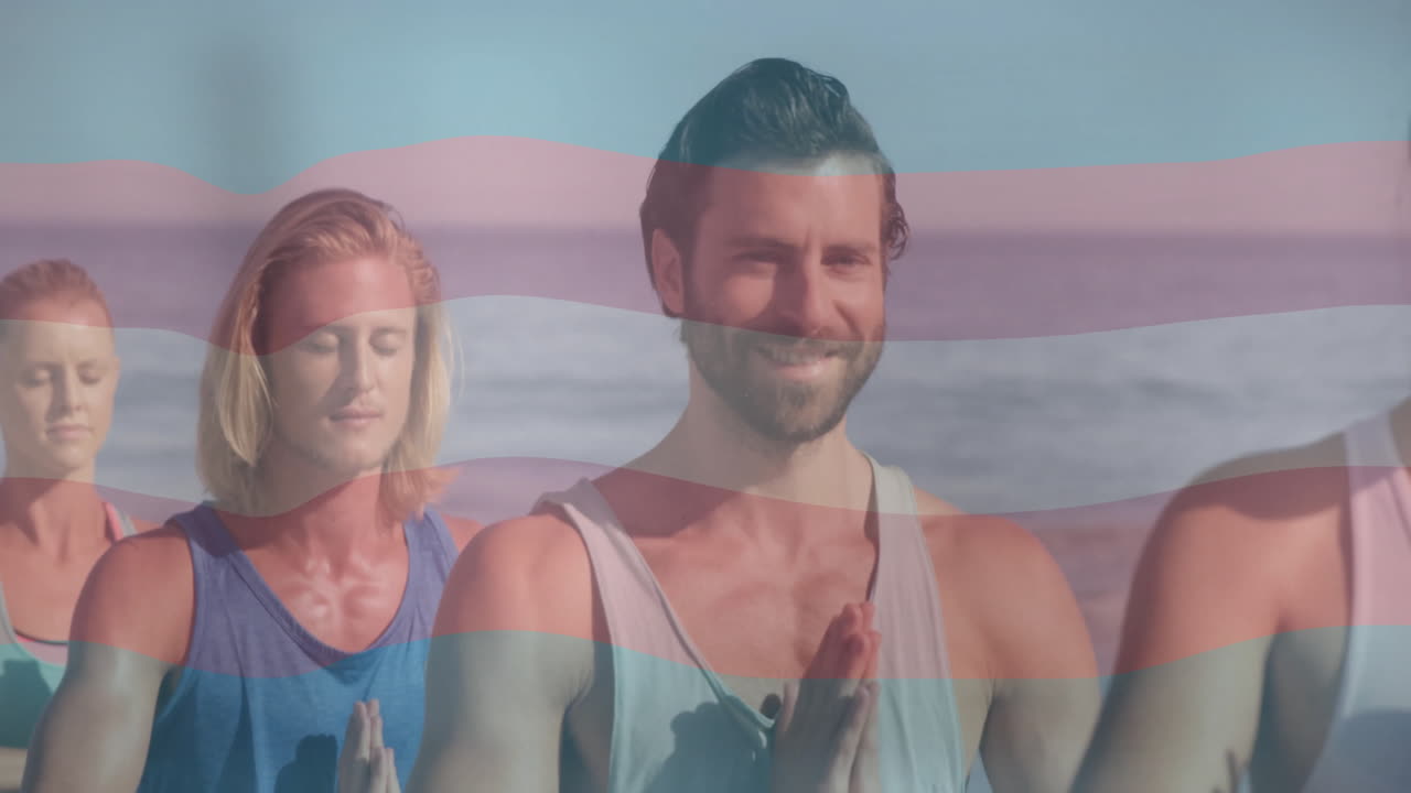 Practicing yoga on beach, people with colorful animation overlay in harmony