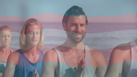 practicing yoga on beach, people with colorful animation overlay in harmony