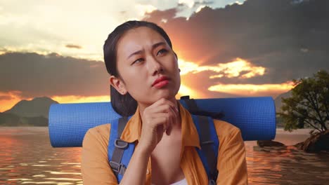 close up of asian female hiker with mountaineering backpack thinking about something and looking around while standing at a lake during sunset time