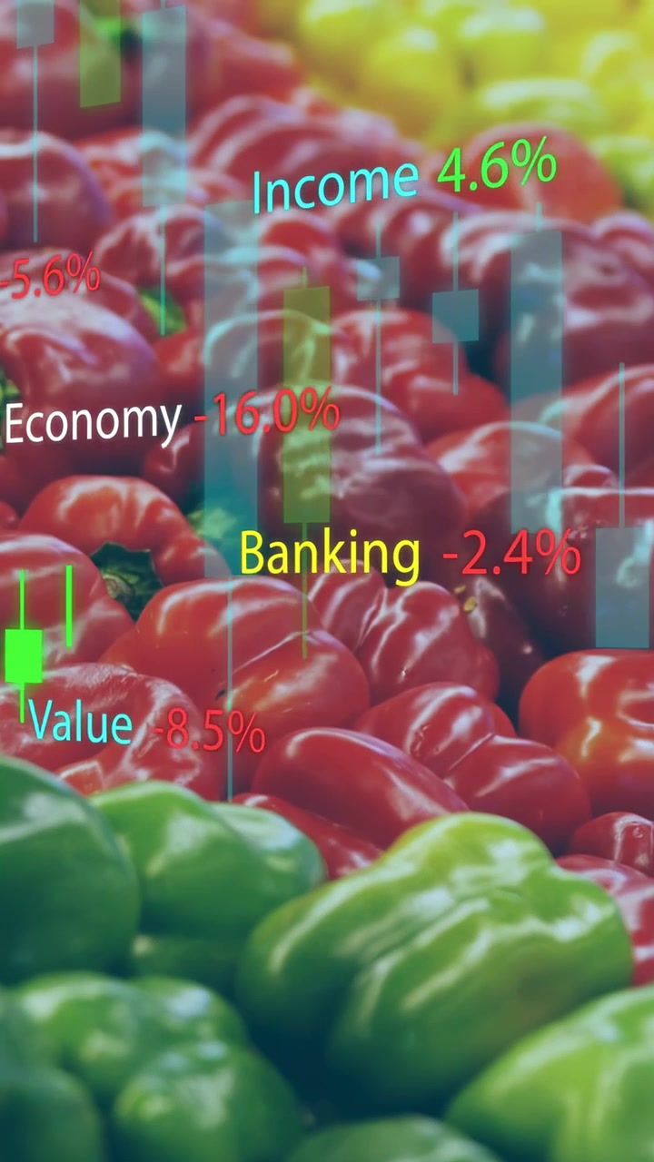 Vertikal video: Inflationsmærke vises, diagrammer stiger, og etiketter bevæger sig over peberfrugter for at vise markedet.