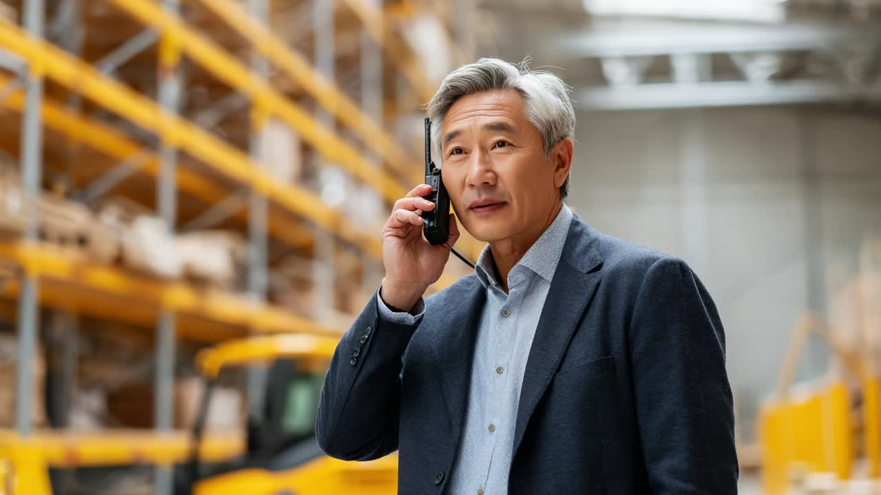 En midaldrende mand i professionelt tøj taler i en walkie-talkie, mens han står i et rummeligt lager fyldt med stablede varer og industrielle reoler, hvilket viser et dynamisk arbejdsmiljø.