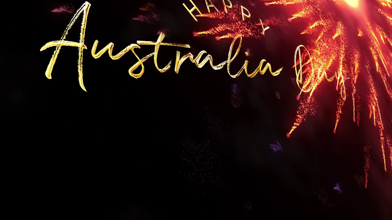 feliz día de australia texto de saludos de oro pancarta con resplandor dorado abstracto fuegos artificiales partículas en bucle de fondo. 4k 3d bucle sin costuras para el día de austrália festival de vacaciones título del evento intro.