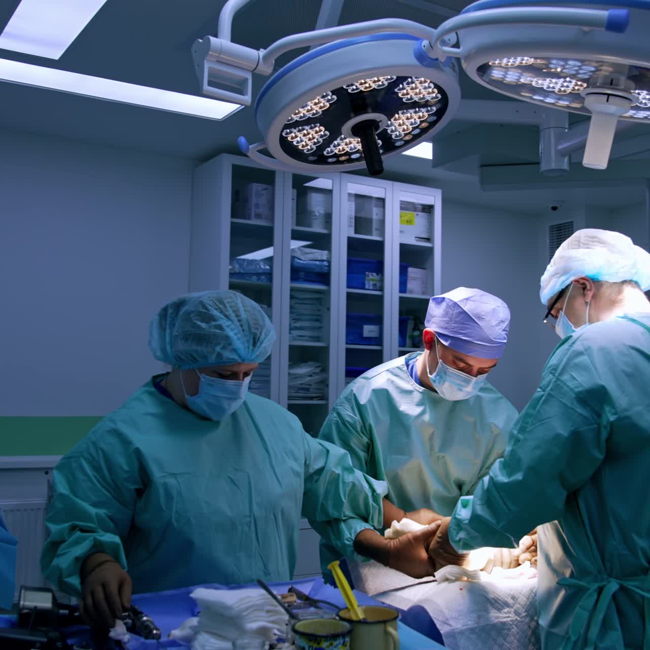 Two doctors and a nurse carry out the surgery on an ankle. Surgeon turns the operated foot in necessary position