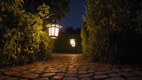night garden pathway with lanterns